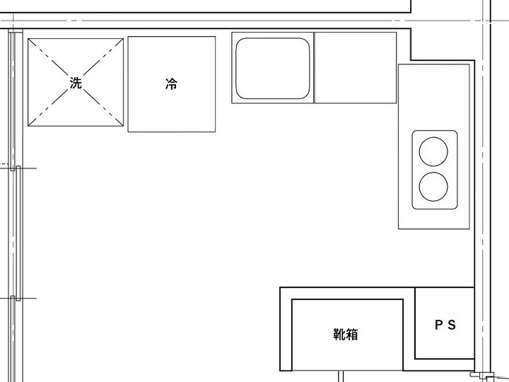 Ｌ字型に設置した業務用キッチンの間取り図