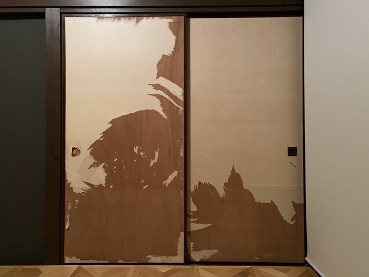 途中まで紙をはがしたふすま